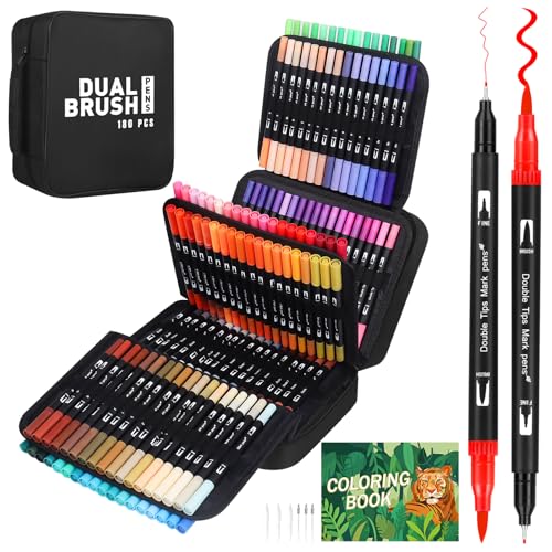 Sonlaryin Feutres Coloriage Adulte, 180 Stylos à Colorier Stylos Pinceaux à Double Pointe Pinceaux Marqueurs d'art Calligraphie Lettrage Feutre pour Coloriage, Dessin, Création Artistique