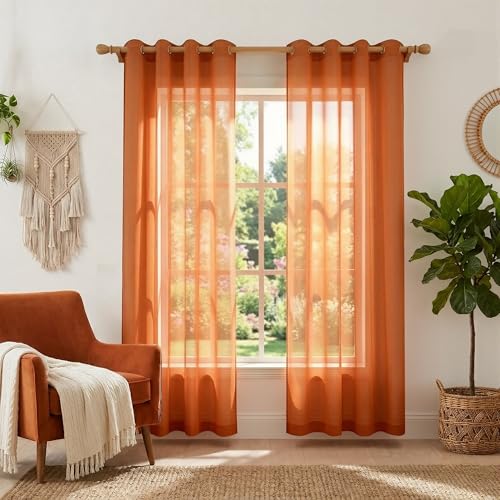 Burnt Orange Curtains 96 Inches Long for Living Room Bohemian Autumn Boho Fall Decor Set of 2 Panels Grommet Faux Linen Semi Sheer Thanksgiving Curtains for Dining Room Bedroom 52x96 Inch Length