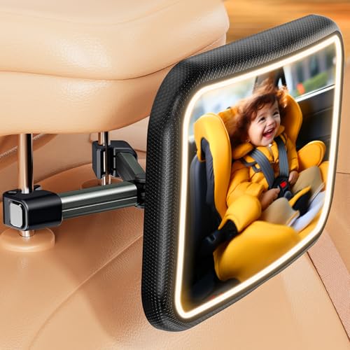 Image of TAZENI Baby Car Mirror - LED Baby Car Seat Mirror for Rear Facing with 175° Wide Clear View Anti-Glare, 360° Rotation, Shatterproof, Crash Tested, Safety & Easy Install, espejo para carro bebe, black