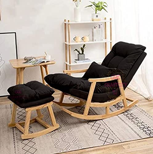 Image of CRAFTCITY Sheesham Wood Elegant Chair with Pillow and Matching Foot Stool /Living Room Chair /Rose Wood Rocking Chair,Pre-Assembled (Black, Rocking Chair with Ottoman)