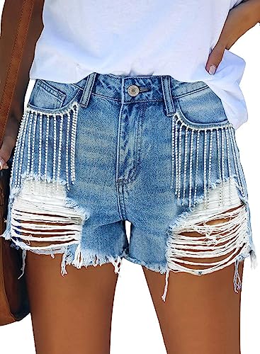 Syewan Women's Rhinestone Fringe Denim Shorts High Waisted Jean