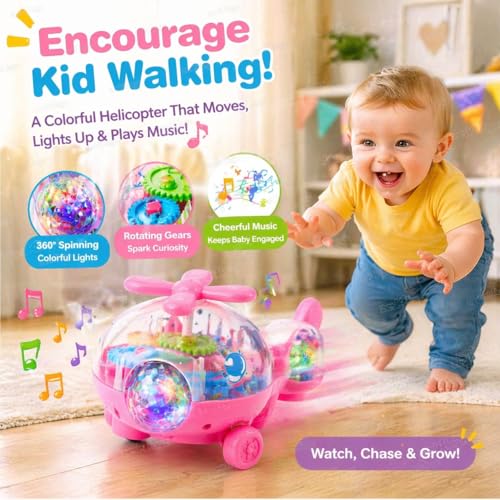 Image of Zest 4 Toyz Musical Toy Helicopter Toys for Kids with Flashing 3D Lights | Bump and Go | Battery Operated Electric Toy | Colorful Lights Transparent Gear Helicopter for Boys & Girls Age 3+ - Pink
