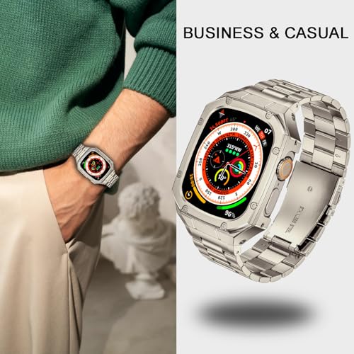 Image of BAITEYOU Stainless Steel Watch Band with Case Compatible with Apple Watch band Ultra 3 2 1 49mm, Rugged Strap with Metal Protective Bumper Cover for iWatch Bands Men (Titanium Color)