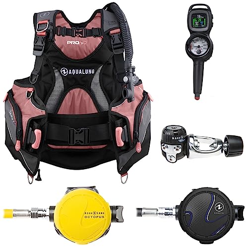 Aqua Lung Scuba Diving Essential Package - PROHD BCD, Titan Regulator + Octo & i330R 2-Gauge Console, Black/Coral Medium-Large