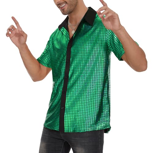 Image of Zando Men's Sequin 70s 80s Disco Shirt - Retro Short Sleeve Button Up Costume Halloween New Year Party Outfit Top & Clubwear