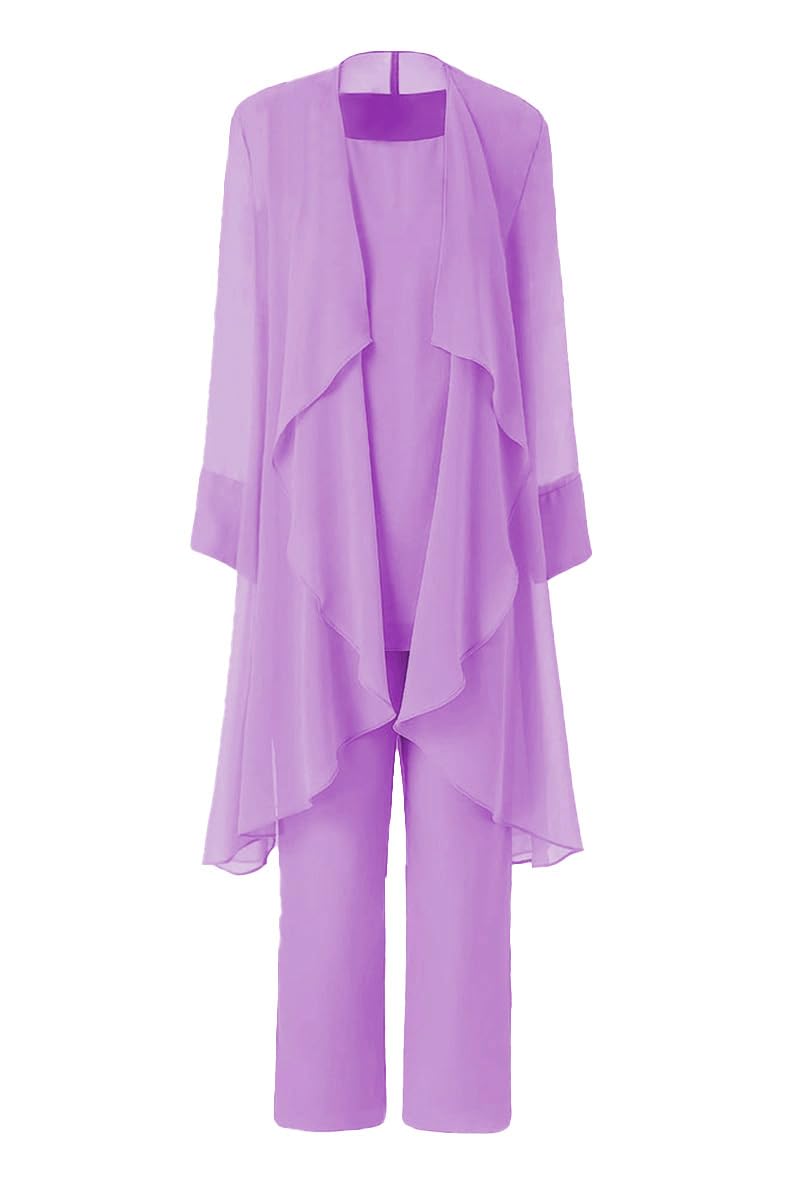 Women's Mother of The Bride Pant Suits 3 Pieces Chiffon Outfit Sets for Wedding Pant Suit with Jacket Lilac