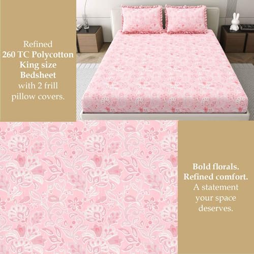 Image of Dream Weaverz- Polycotton Printed Double Bed Size Fitted Elastic Bedsheet,2 Pillow Cover,260 Thread (72 inch x 78 inchx7 inch) Home, Bedroom (Light Pink, King)