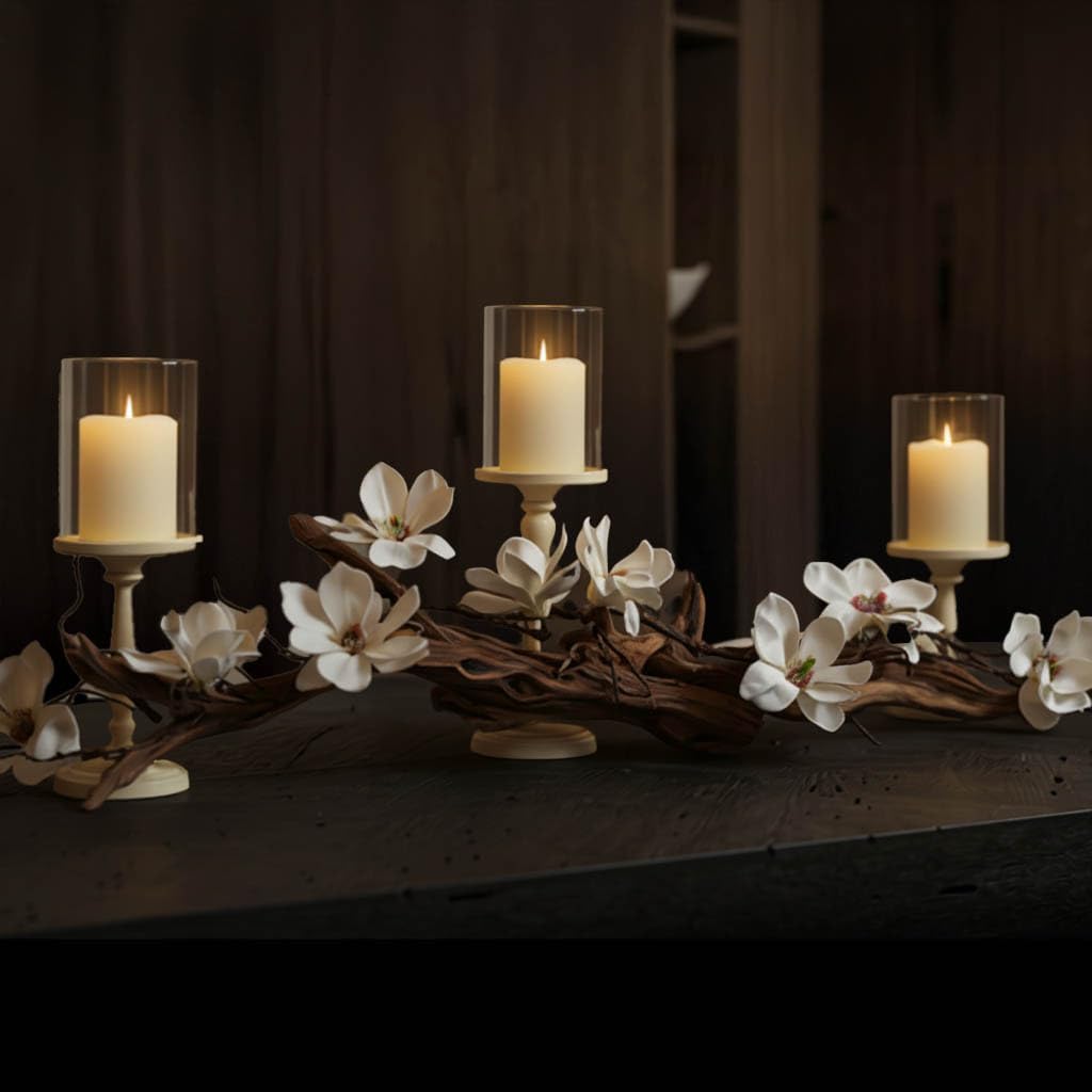 Easter Farmhouse Table Decor Centerpiece with 3pc Candleholder Set - Magnolia & Vine Driftwood Spring Home Decor - Floral Arrangement for Easter, Brunch, Dining Table, Weddings, & Seasonal Mantel