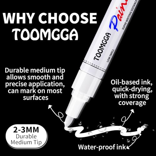 White Paint Pens Permanent Paint Markers - 6 Pack Oil Based Marking Pens, Medium Point, Quick Drying and Waterproof Pens for Rock Painting Car Tyre Metal, Plastic, Canvas, Wood