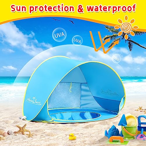 Image of Monobeach Baby Beach Tent with Sun Hat Pop Up Portable Shade Pool UPF50+ UV Protection Sun Shelter for Infant with Easy Set Up Canopy (Blue)