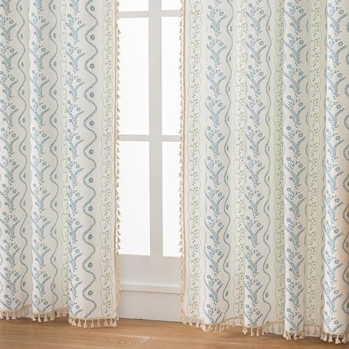 Image of Blue| Sage on White Boho Curtains 63 Inch Long for Living Room, Bedroom, 2 Panels Floral Farmhouse Vintage Tassel Semi Sheer Privacy Window Curtain Drapes with Rod Pocket