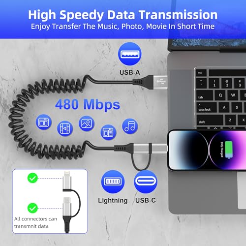 Image of USB to USB-C and Lightning Cable 2 in 1 Coiled Cable Support Carplay & Android Auto [MFi & 3A Fast Charge & Data Sync] Coiled Lightning and USB C Cable for iPhone 17 /16 /15 /14 /13 /Android, Silver