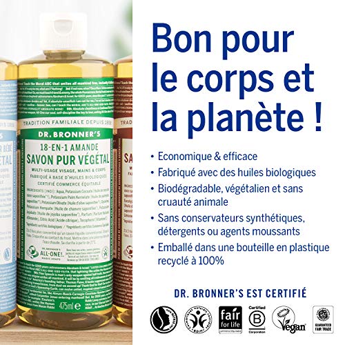 Dr Bronner's Savon Liquide Amande 475 ml - Naturel, Vegan, Bio, 18-en-1