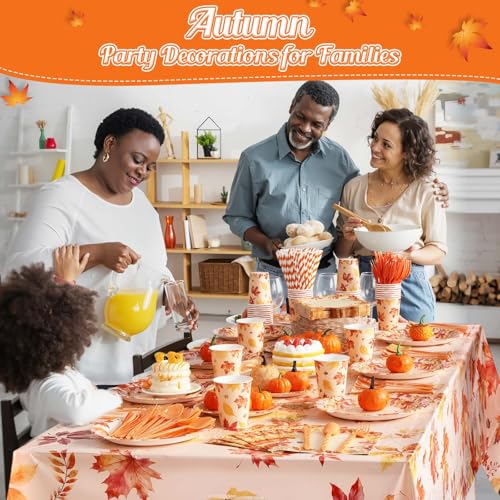 Image of Funnymoom 452 Pcs Thanksgiving Fall Party Decorations, Maple Leaves Thanksgiving Paper Plates Napkins Cups Tablecloth Cutlery Straws for Autumn Fall Theme Birthday Holiday Party Supplies, Serves 50
