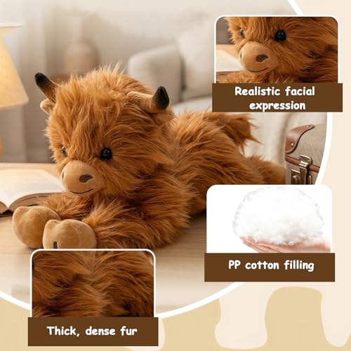 GYHWOFUL Highland Cow Kuscheltier/Hochlandrind Kuscheltier 36 cm – Weiches Plüschtier Kuh für Kinder & Erwachsene, Umarmbar, Niedlich, Reise-Kissen