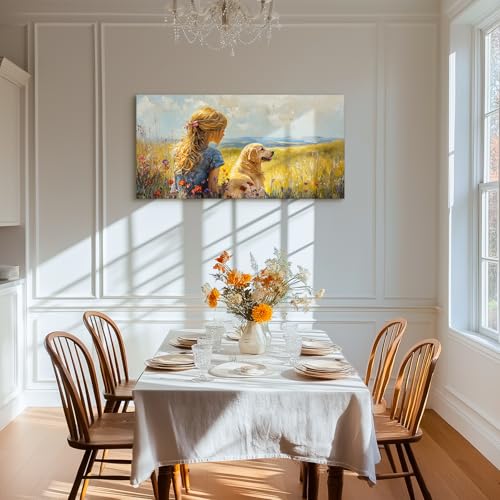 SERIMINO Portrait Landscape Wall Art, Lady and Dog Large Wall Decor, Animal Golden Retriever Cute Canvas Prints, Meadow Wildflowers Rustic House Decorations Living Room Bedroom Bathroom 24"X48"