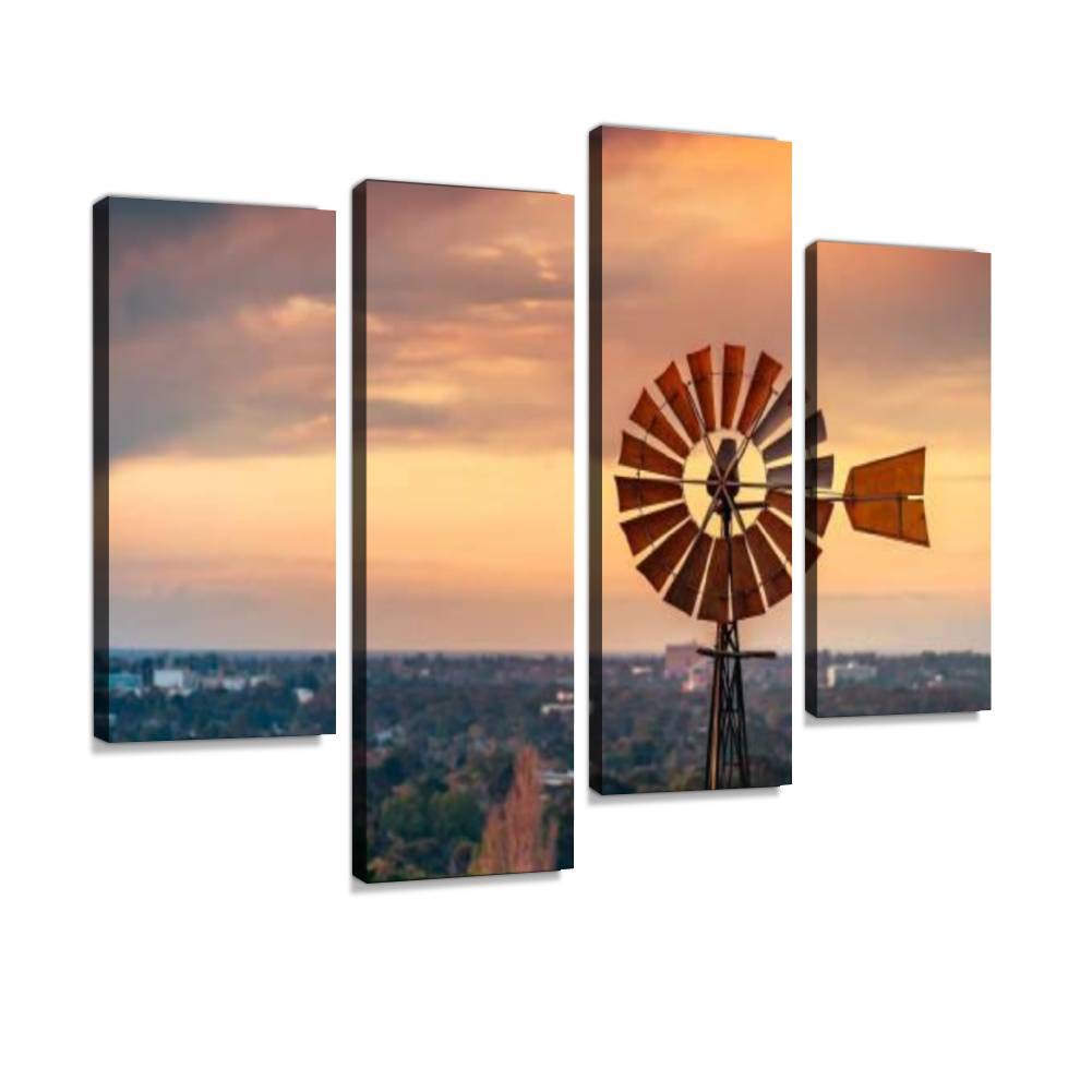 vintage windmill at sunset in south australia old windmills and Canvas Print Artwork Wall Art Pictures Framed Digital Print Abstract Painting Room Home Office Decor Ready to Hang 4 Panel