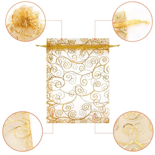 Image of Staruby Organza Gift Bags Gold Sheer Organza Bag 50Pcs 4x6 Inch and 50Pcs 5x7 Inch Mesh Favor Bags Drawstring Jewelry Rattan Printed Gift Pouches for Wedding Party Favors Couple Shower Christmas Gifts Candy Bags