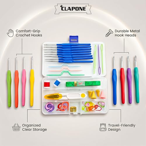 Image of CLAPONE 52 Piece Crochet Set Crochet Kit Crochet Hooks Knitting Kit Crochet Needles Yarn Needle Knitting Needles Set for Beginners Knitting Needles with Ergonomic Handles,Multicolour
