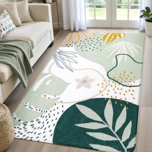 Image of Lahome Green Botanical Print Small Throw Rugs Modern Abstract Non-Slip 3x5 Minimalist Art Area Rug Accent Distressed WashableFloor Carpet for Living Room Bedroom Entryway