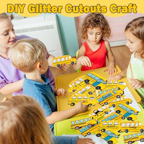 Image of Glitter School Bus Cutouts - 100Pcs Back to School Yellow Bus Cut Outs Bulletin Board DIY Paper Cuts Name Tag for Graduation Gift First Day of School Birthday Party Goodie Bag Stuffer Supplies