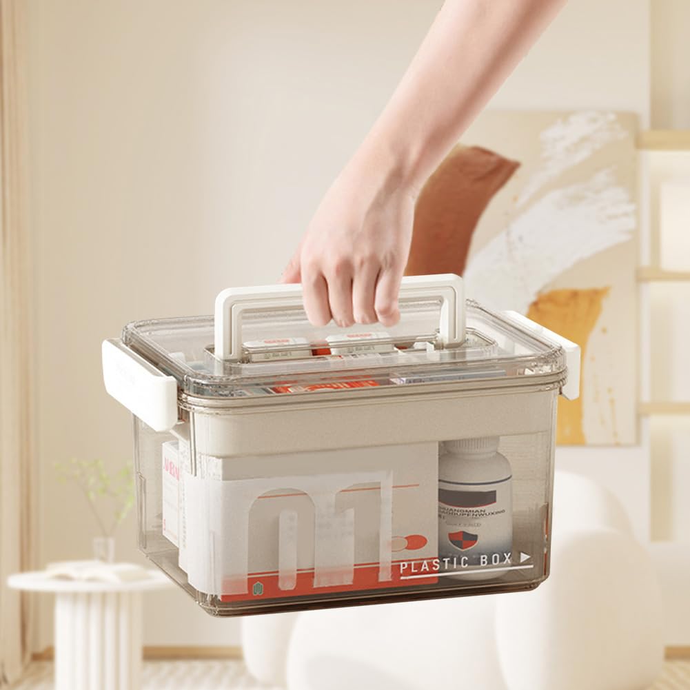 iayokocc Transparenter Medikamenten-Aufbewahrungs-Organizer und Erste-Hilfe-Box, mehrschichtige Medizin-Aufbewahrungsbox mit abnehmbarem Tablett und Griff, Mehrzweck-Organizer für Familie, Erste Hilfe