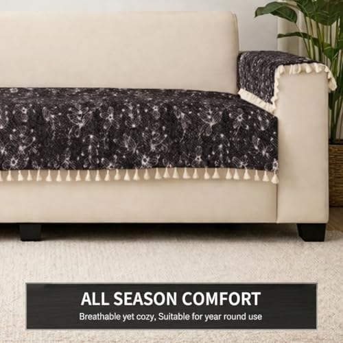 Image of STITCHNEST Woven Fabric Sofa Cover 2 Seater with 2 Hand Rest Covers - Washable Black Sofa Cover with Tassels - Durable Premium Fabric - Stylish Sofa Protector for Living Room & Furniture Decor