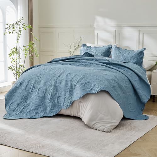 Image of Kingnex Oversized King Bedspreads 128x120 for Extra Wide Tall King or Cal King Bed Ultrasonic Quilted Coverlet Set 3 Piece Include 1 Quilt 2 Pillowcases Dusty Blue