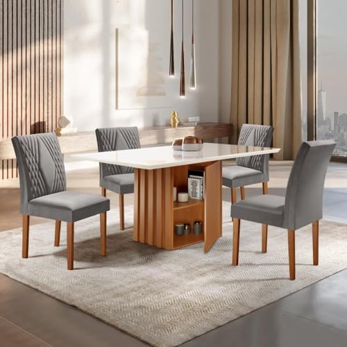 Conjunto Sala de Jantar Mesa Tampo Slim Plus Vidro 120x90cm com 4 Cadeiras Elis Cel Móveis Cinamomo/off White/suede Cinza