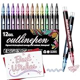 PTAZSCTC Outline Shimmer Markers,12 Colors Glitter Markers Outline Glitter Pens,Gel Pens for Coloring,Metallic Marker Pen for Gifts Birthday, Trendy Stuff for Art Supplies,Painting