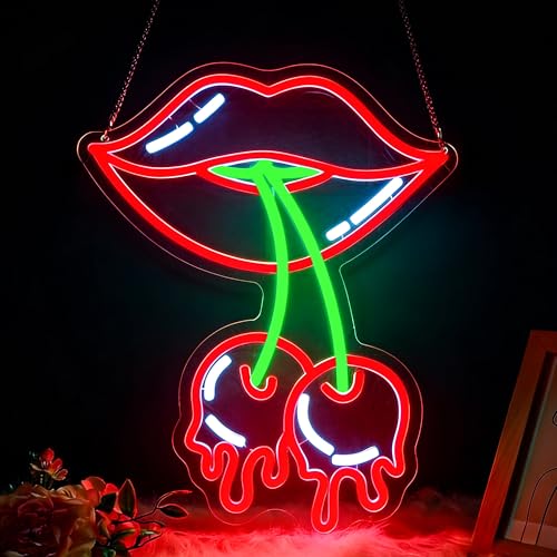 Image of Cherry Lips Neon Sign, JGHTURIE Red Led Neon Signs for Wall Decor USB Powered Bar Lights Signs for Room Man Cave Party Art Decoration