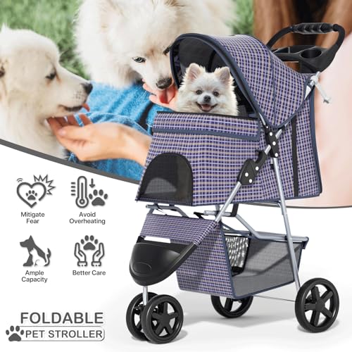 Image of MoNiBloom 3 Wheels Pet Dog Cat Stroller for Small Medium Dogs Cats, Lightweight Foldable Jogger Stroller w /Storage Basket and Cup Holder, Plaid