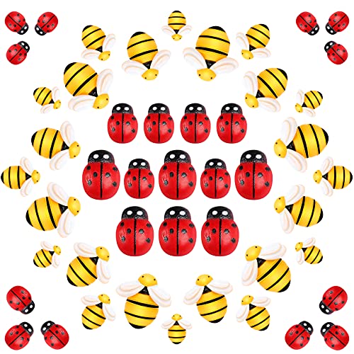GUBCUB 48 Pieces Resin Bees Decor and Wooden Ladybugs Embellishments Assorted Sizes for DIY Crafts/Home Decor/Scrapbooking/Plant Ornaments