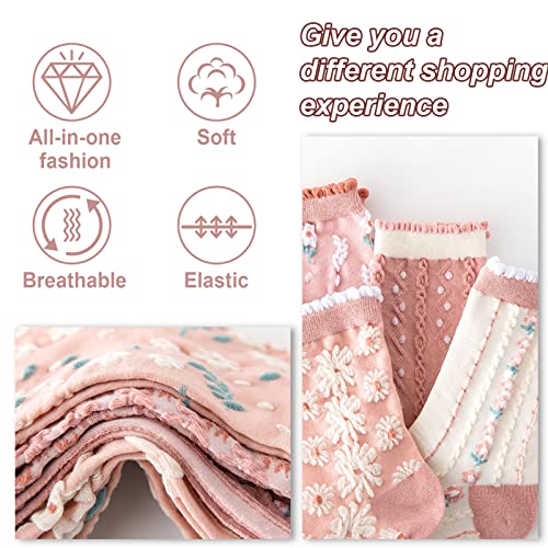 Image of 5 Pack Cute Womens Floral Socks, Vintage Embroidered Frilly Floral Ankle Cotton Cottagecore Socks