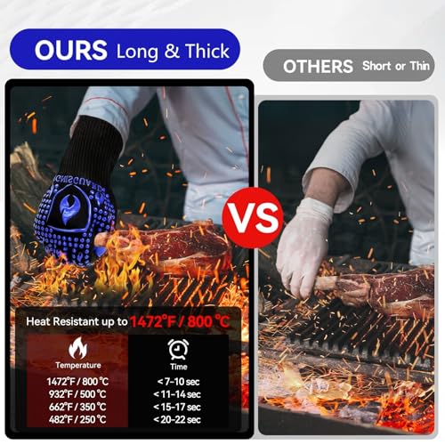 Image of BBQ & Grill Gloves, Oven Gloves, 1472F Silicone Oven Mitts Heat Resistant Grilling Gloves Fireproof Non-Slip for Barbecue Cooking Baking Smoking, 1-Pair (Blue, Medium)