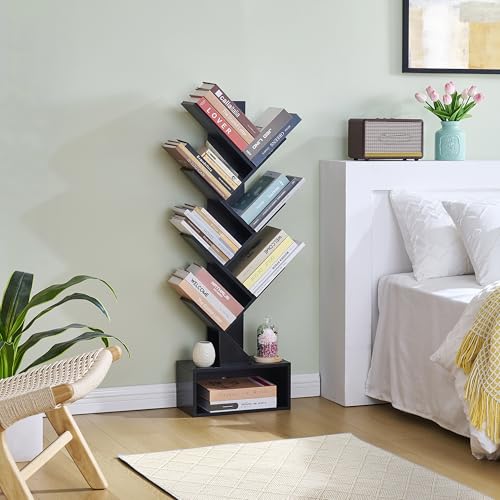 Image of Hoctieon 6 Tier Tree Bookshelf, Tall Bookcase with Drawer, Freestanding Book Shelf, Display Floor Standing Storage Shelf, Book Organizer Shelves for Home Office, Living Room, Bedroom, Black