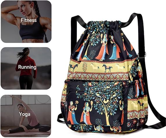Image of Foldable Drawstring Backpack with Front Zipper and Side Pockets | Lightweight, Packable, Travel Carry Bag with Storage Pouch, For Gym, Beach, Swimming, Sports, Shopping and Daily Use