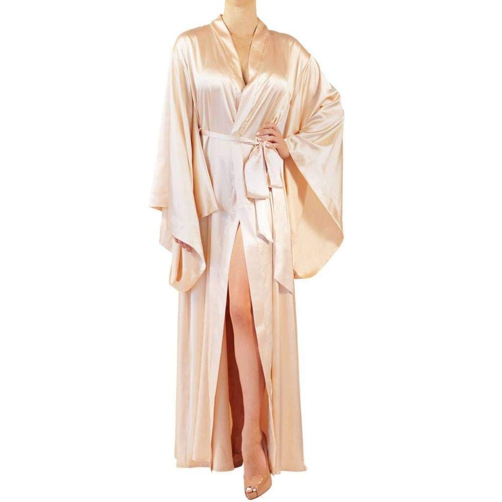 Vestaglie Donna Seta,Abito Da Pigiama Sexy Di Moda Lingerie Con Abito Da Notte Camicia Da Notte In Pizzo A Manica Lunga Con Cintura Pigiama Da Donna Raso Abito Da Damigella D'Onore Bianco