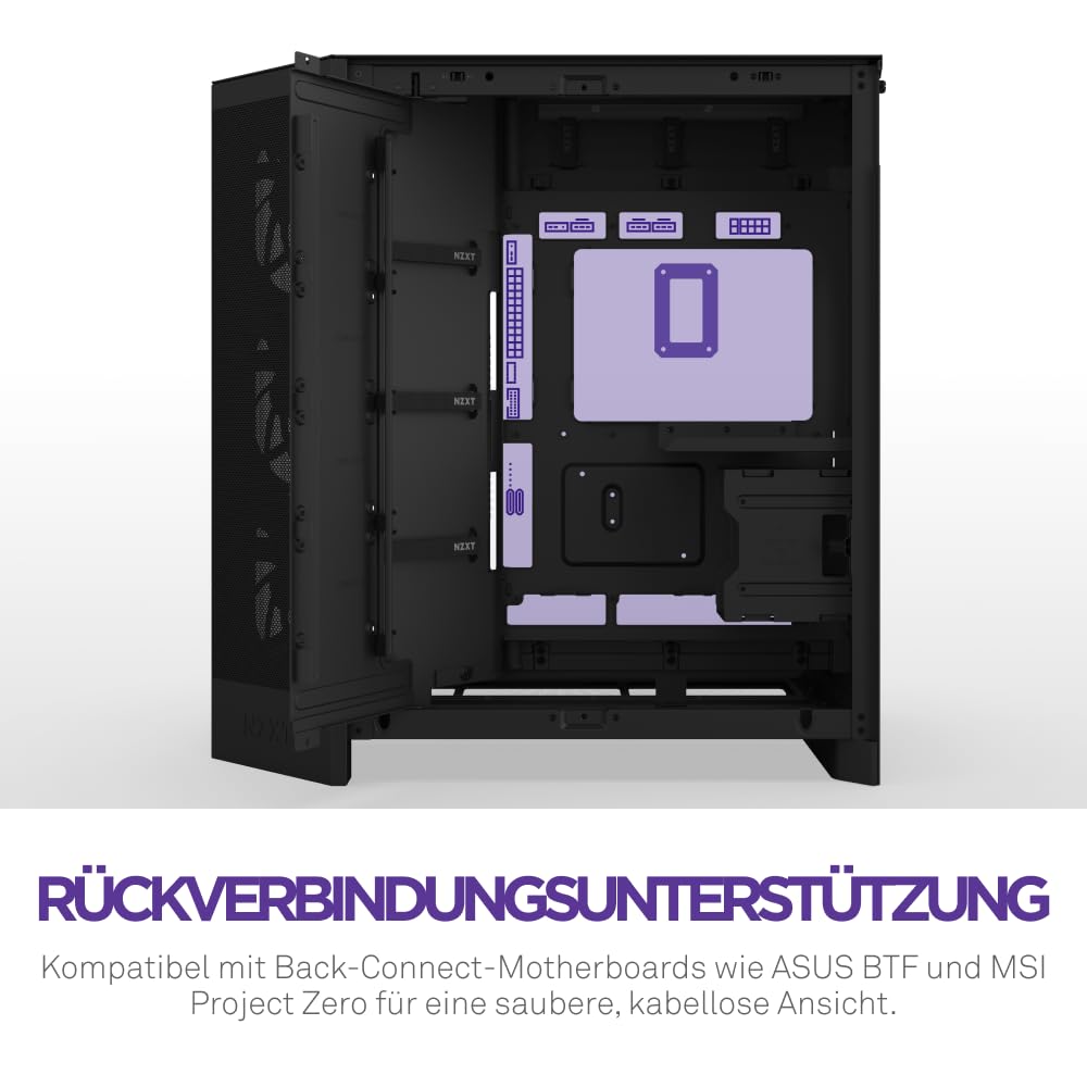 NZXT H9 Flow RGB+ (2025) – Großes Dual-Kammer ATX Mid-Tower Airflow PC-Gehäuse – Enthält 7 RGB-Lüfter (6 x 140mm, 1 x 120mm) und Steuerungshub – 420mm Radiatorunterstützung – Schwarz