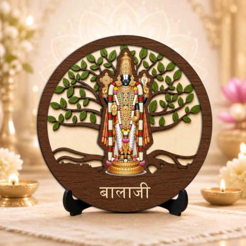 Image of Tirupati Balaji Wooden Idol with Stand for Home Temple, Puja Room, Office Desk & Indoor Mandir Decor - 5x5 Inch