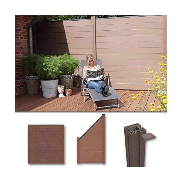 WPC/BPC Sichtschutzzaun terrabraun 9 Zäune, 1 Schrägelement inkl. 11 Pfosten Sichtschutz Gartenzaun