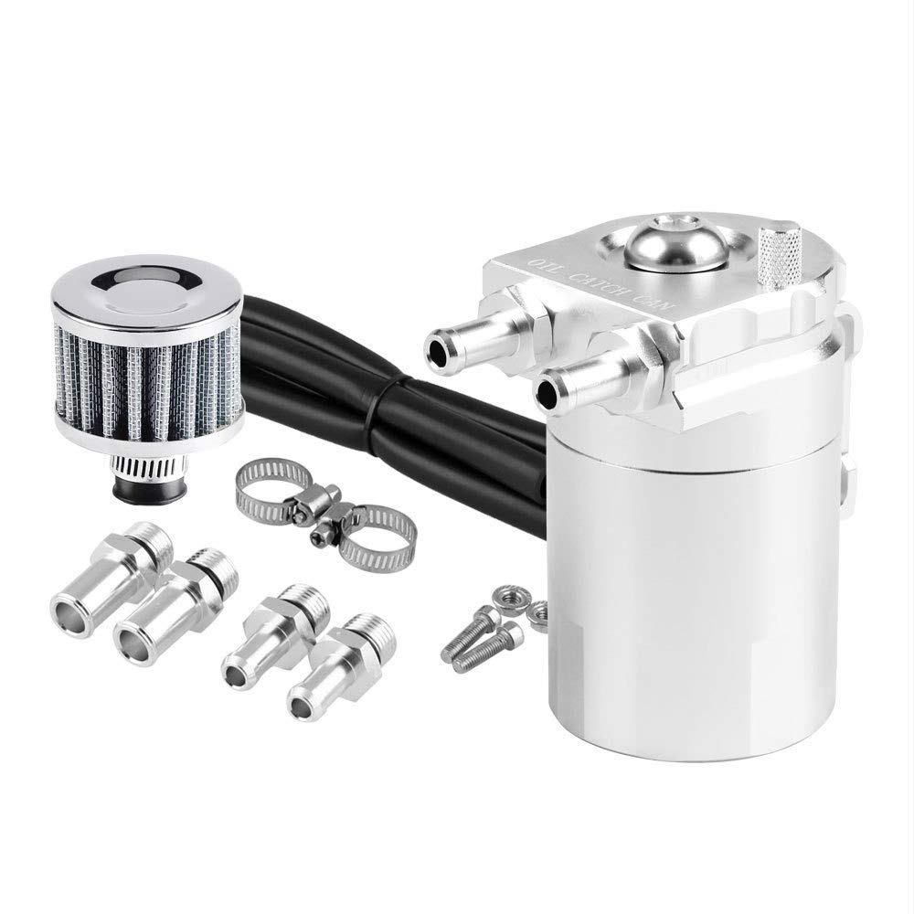 Baceyong Samochodowy zbiornik na olej, zbiornik na olej napędowy, filtr powietrza 300 ml, Baffled Breather Reservoir Benzyna, uniwersalny dzbanek do zbierania oleju napędowego - srebrny