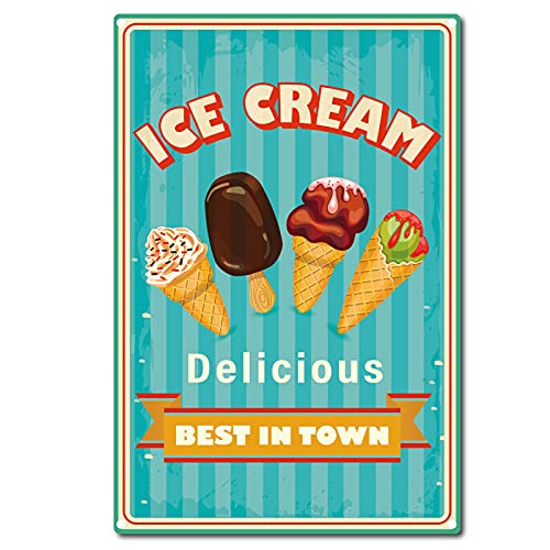 CREATCABIN Retro Vintage Cartel de Chapa Delicioso Helado Mejor En la Ciudad Decoración de Pared de Metal ArtísticoHogar Jardín Cocina Bar Pub Sala de Estar Oficina Garaje Póster Placa 12 x 8 Pulgada