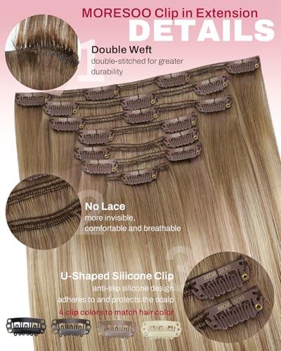 Image of Moresoo Clip in Hair Extensions Real Human Hair for Women Long Human Hair Clip in Extensions Balayage Light Brown to Light Golden Blonde 18 Inch Different Batches