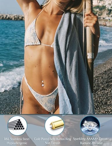 Floating Belly Button Ring Gold 𝐃𝐚𝐧𝐠𝐥𝐞 Surgical Stainless Steel Navel Piercing Set Hypoallergenic Summer Jewelry for Women3