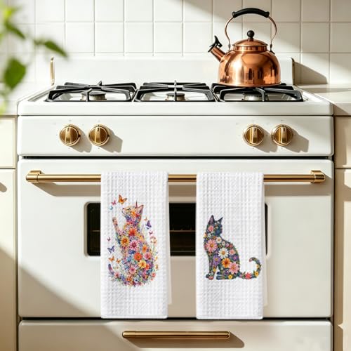 Image of 2 Pcs Flower Cat Kitchen Towels, Floral Cat Hand Towel for Bathroom Decor, Kitten Dish Tea Towel for Kitchen Home Bathroom Decor, Pet Gifts for Kitten Lovers Women Girls, 24x14 Inch