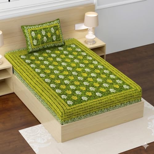 Image of RajasthaniKart Pure Cotton 144 TC Printed Single Bed Elastic Fitted Bedsheet with 1 Pillow Cover - All Around Elastic | 36 inchX72 inch, Fits Up to 6 inch Mattress | Green Booty