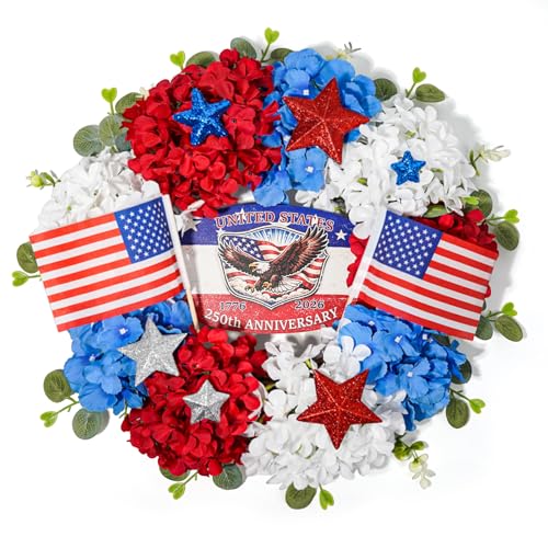 17.7 Inch Wooden 4th of July Decoration 250th Anniversary Door Wreath Patriotic Independence Day Wreath with Red White Blue Hydrangeas American Flags Decoration for Home Wall Decor