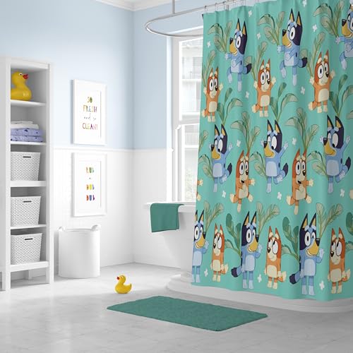 Image of Jay Franco Bluey and Bingo Fabric Shower Curtain - Kids Teal Bathroom Decor