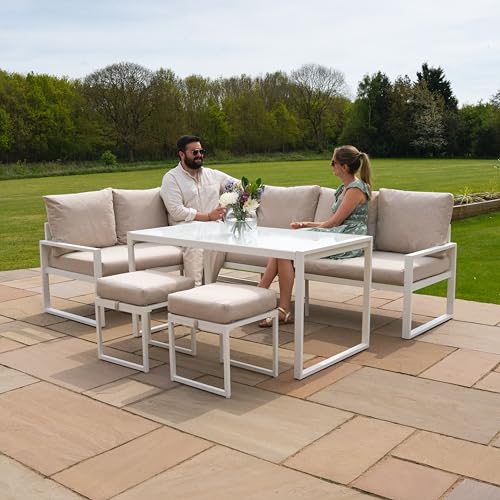 Monster Shop Garten Aluminium Möbelset Weiß 7-Sitzer Outdoor Terrasse Lounge Sectional Ecksofa Glasplatten Esstisch 2 Hocker Dicke Polster mit Waschbaren Bezügen wasserdichte Regenabdeckung